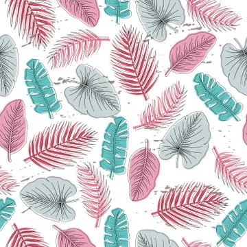 Seamless pattern with tropical leaves and hand-drawn blotches and marker stro Stock Illustration