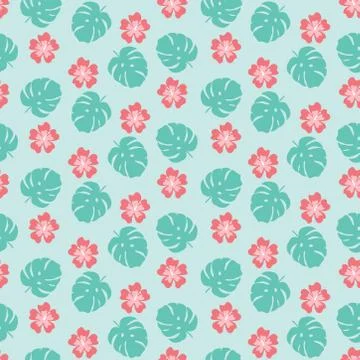 Seamless pattern with tropical leaves and Hibiscus flowers Stock Illustration