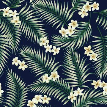 Seamless pattern with tropical leaves and flowers. Stock Illustration