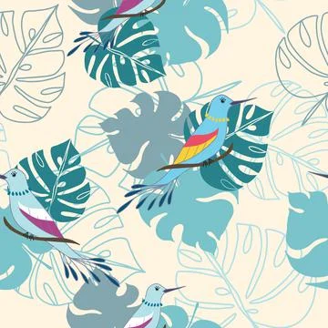 Seamless pattern with tropical leaves and birds Stock Illustration