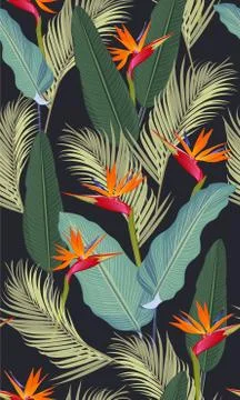 Seamless pattern tropical leaves with bird of paradise on black background Stockillustratie