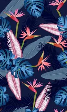 Seamless pattern tropical leaves with bird of paradise on dark blue backgroun Illustrazione stock