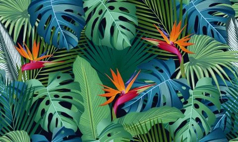 Seamless pattern tropical leaves with bird of paradise on black background Stockillustratie