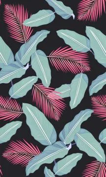 Seamless pattern tropical leaves on black background Stock Illustration