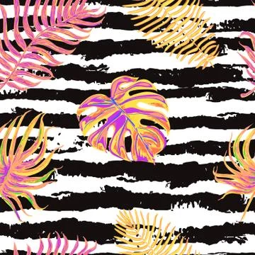 Seamless pattern with tropical leaves on black and white striped background. Stock Illustration