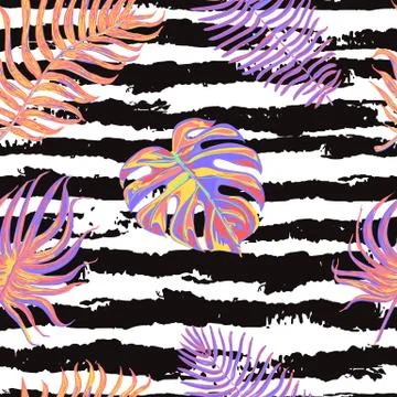 Seamless pattern with tropical leaves on black and white striped background. Illustrazione stock