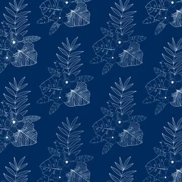 Seamless pattern with tropical leaves on blue background. Stock Illustration
