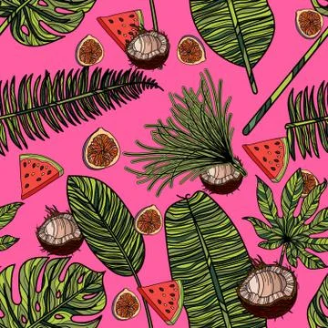 Seamless pattern with tropical leaves, coconut, watermelon and figs. Stock Illustration