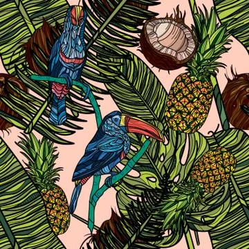 Seamless pattern with tropical leaves, coconut, pineapple and toucans. Stock Illustration