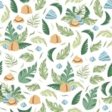 Seamless pattern with tropical leaves in flat style. Endless texture with p.. Illustrazione stock