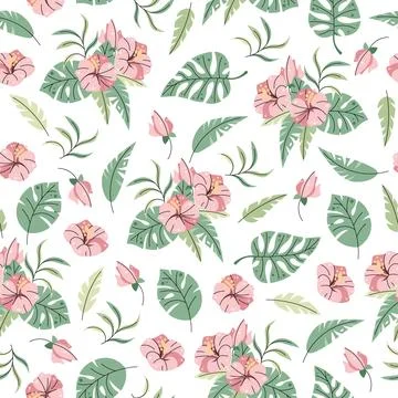 Seamless pattern with tropical leaves in flat style. Repeating background wit Stock Illustration