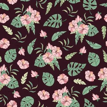 Seamless pattern with tropical leaves in flat style. Repeating background wit Stock Illustration