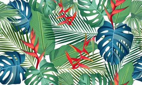 Seamless pattern tropical leaves with heliconia flower on white background Stock-Illustration