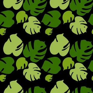 Seamless pattern with tropical leaves of monstera on black background. Vector Stock Illustration