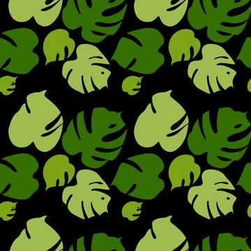 Seamless pattern with tropical leaves of monstera on black background. Vector Stock Illustration