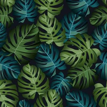 Seamless pattern with tropical leaves: palms, monstera, jungle leaf seamless  Stock Illustration