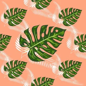 Seamless pattern with tropical leaves: palms, monstera, passion fruit. Beauti 스톡 일러스트