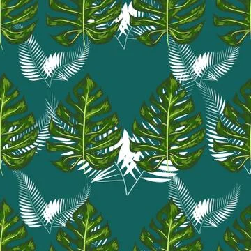 Seamless pattern with tropical leaves: palms, monstera, passion fruit. Beauti 스톡 일러스트