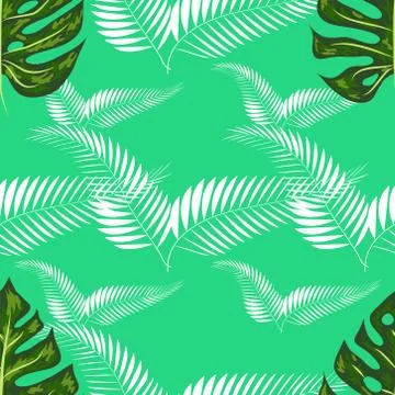 Seamless pattern with tropical leaves: palms, monstera, passion fruit. Beauti 스톡 일러스트