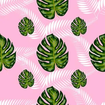 Seamless pattern with tropical leaves: palms, monstera, passion fruit. Beauti 스톡 일러스트