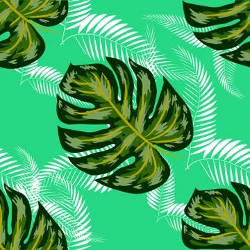 Seamless pattern with tropical leaves: palms, monstera, passion fruit. Beauti 스톡 일러스트
