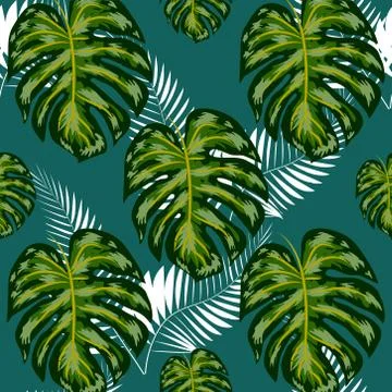 Seamless pattern with tropical leaves: palms, monstera, passion fruit. Beauti Stock-Illustration