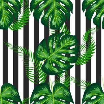 Seamless pattern with tropical leaves: palms, monstera, banana leaves, jungle Stock Illustration
