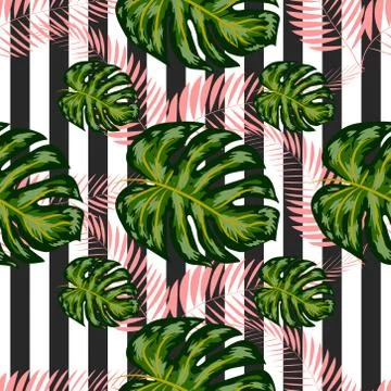 Seamless pattern with tropical leaves: palms, monstera, banana leaves, jungle Stock Illustration