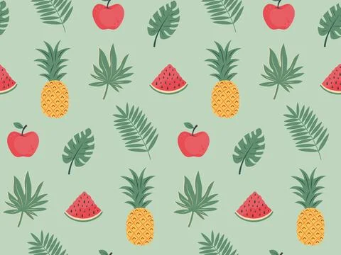 Seamless pattern with tropical leaves, pineapple, watermelon and apple. Exo.. Illustrazione stock