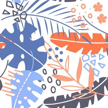 Seamless pattern with tropical leaves of plants and memphis style elements. Flat Stockillustratie