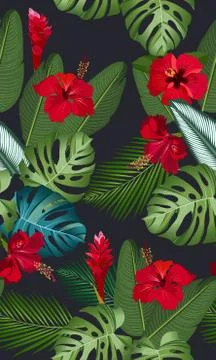 Seamless pattern tropical leaves with red hibiscus flower and ginger flower o Stock Illustration