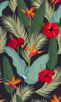 Seamless pattern tropical leaves with red hibiscus flower and bird of paradis Illustration