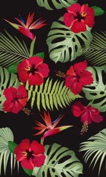 Seamless pattern tropical leaves with red hibiscus flower and bird of paradis Illustration