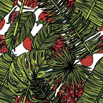 Seamless pattern with tropical leaves, strawberries and fig. Illustrazione stock