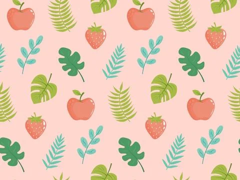 Seamless pattern with tropical leaves, twigs, strawberry and apple. Exotic .. イラスト素材