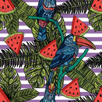 Seamless pattern with tropical leaves, watermelon slices and toucans. Stock Illustration
