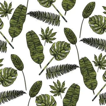 Seamless pattern with tropical leaves on white background. Illustrazione stock