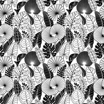 Seamless pattern with tropical leaves on a white background. Stock Illustration