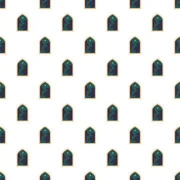 Seamless pattern with tropical night landscape in window arches Stock Illustration