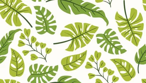 Seamless pattern with tropical palm and monstera leaves in flat cartoon style Stock Illustration