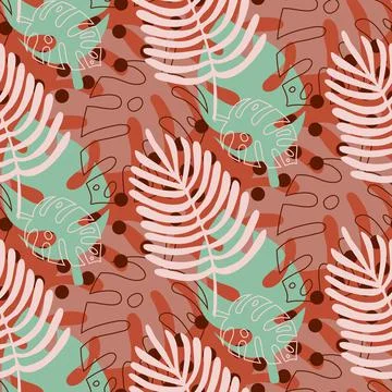 Seamless pattern with tropical palm leaf on brown background Stock Illustration