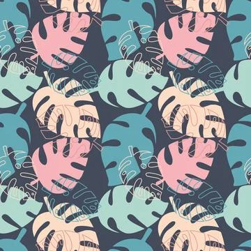 Seamless pattern with tropical palm leaf on dark background, illustration イラスト素材