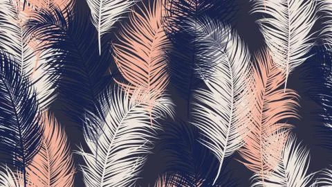 Seamless pattern, tropical palm leaves on dark purple background, blue tone Stock Illustration