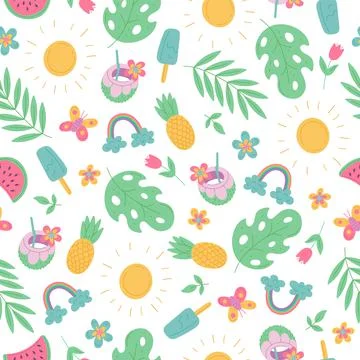 Seamless pattern with tropical palm leaves, fruits and other summer things Stock Illustration