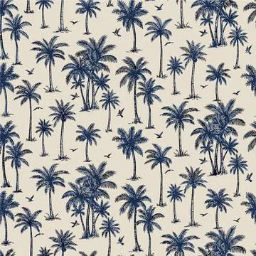 Seamless Pattern with Tropical Palm Trees and Birds on a Light Background. 스톡 일러스트