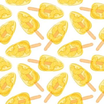 Seamless pattern of tropical pineapple ice pop and wooden stick on white Stock Illustration