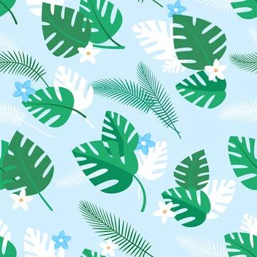 Seamless pattern with tropical plants and blue and white flowers. Summer 스톡 일러스트