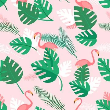Seamless pattern with tropical plants and pink flamingos. Summer background with 스톡 일러스트