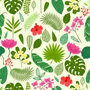 Seamless pattern with tropical plants, leaves and flowers Stock Illustration