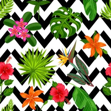 Seamless pattern with tropical plants, leaves and flowers. Background made Stock Illustration